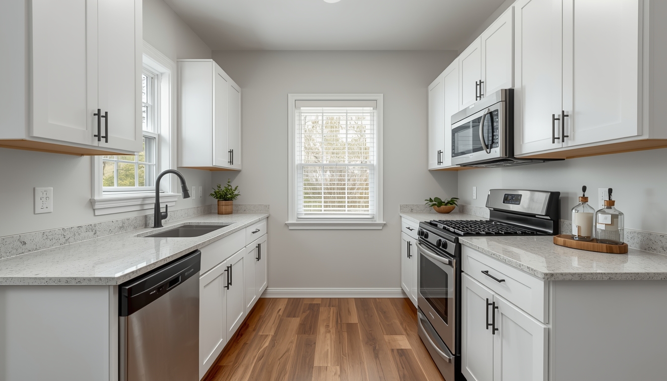 Renovated rental kitchen with updated flooring in downtown Greensboro